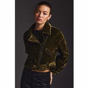 Anthropologie Avec Les Filles Cropped Velvet Moto Jacket - Kelly Olive Green - M